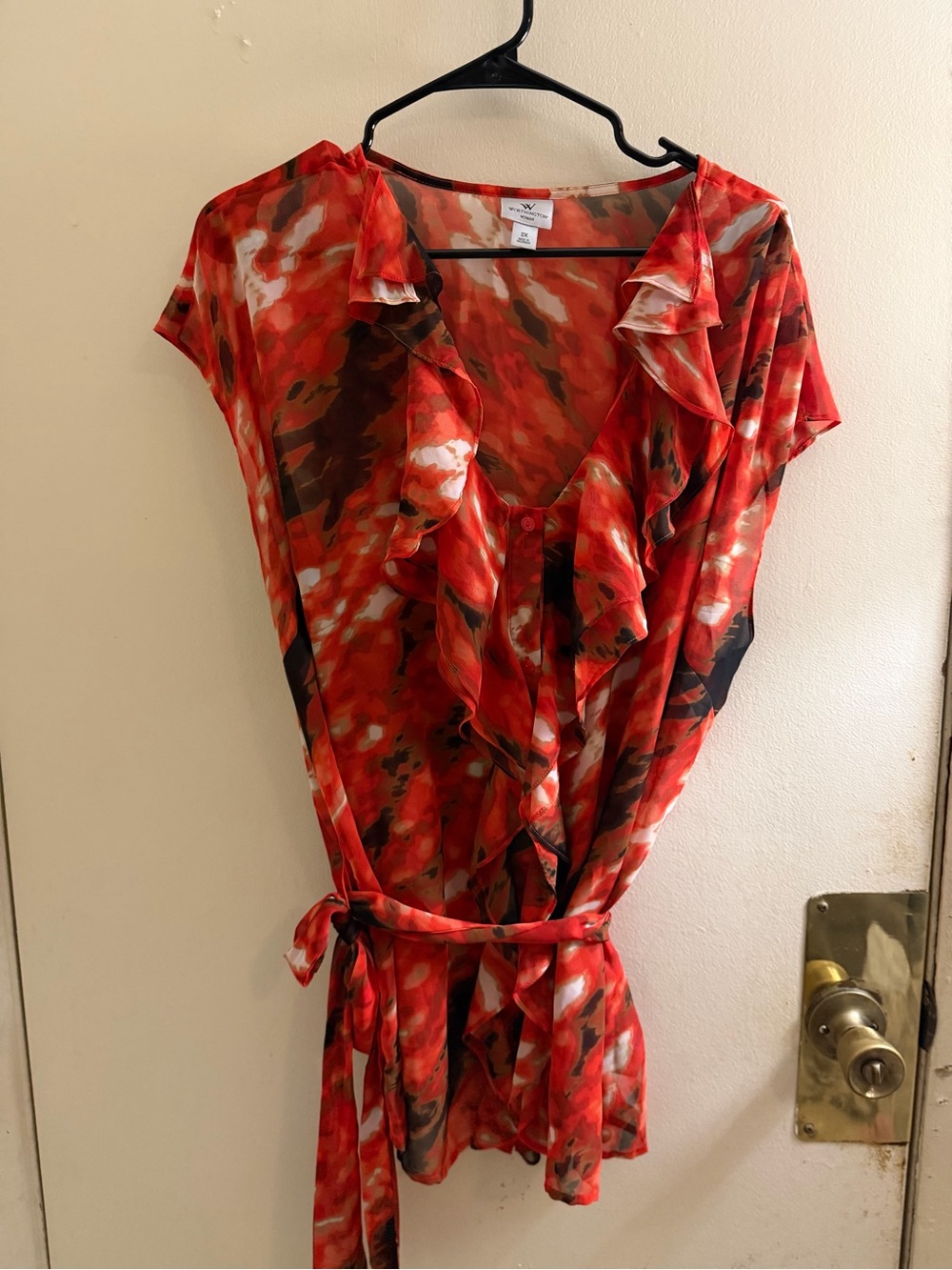 Worthington Red Ruffled Belted Blouse